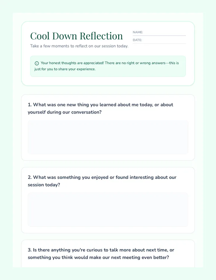 Cool Down Reflection Sheet