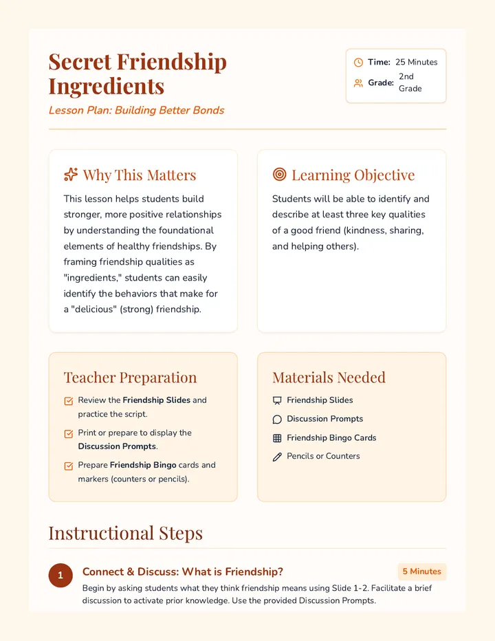 Secret Friendship Ingredients Lesson Plan