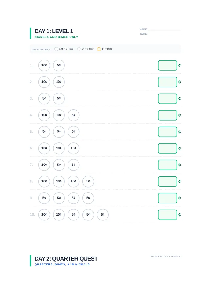 Daily Hairy Money Drills Worksheet