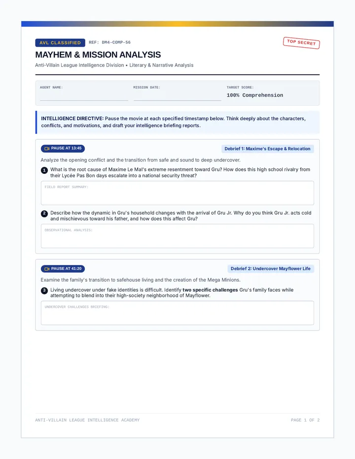 Mayhem & Mission Comprehension Worksheet