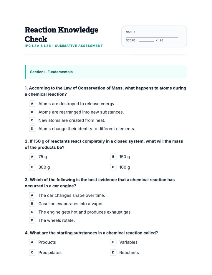 Reaction Knowledge Check Quiz