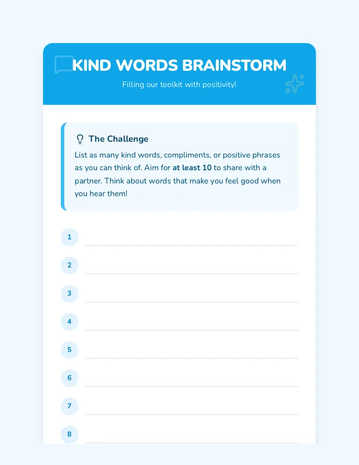 Kind Words Brainstorm Sheet Worksheet