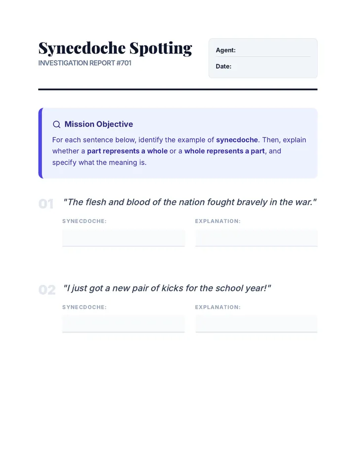 Synecdoche Spotting Worksheet