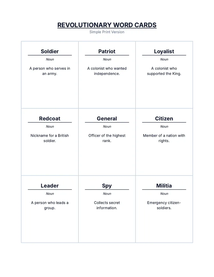 Revolutionary Word Cards Simple