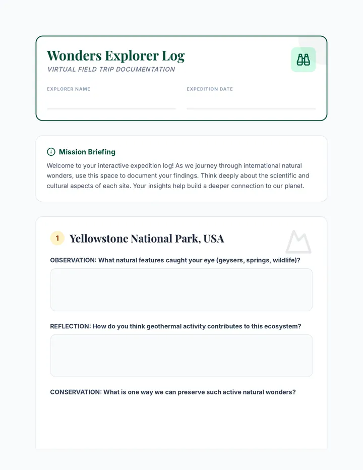 Wonders Explorer Log Activity Sheet