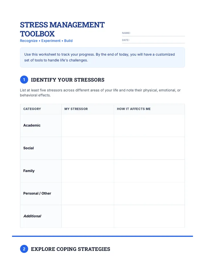 Stress Management Toolbox Worksheet