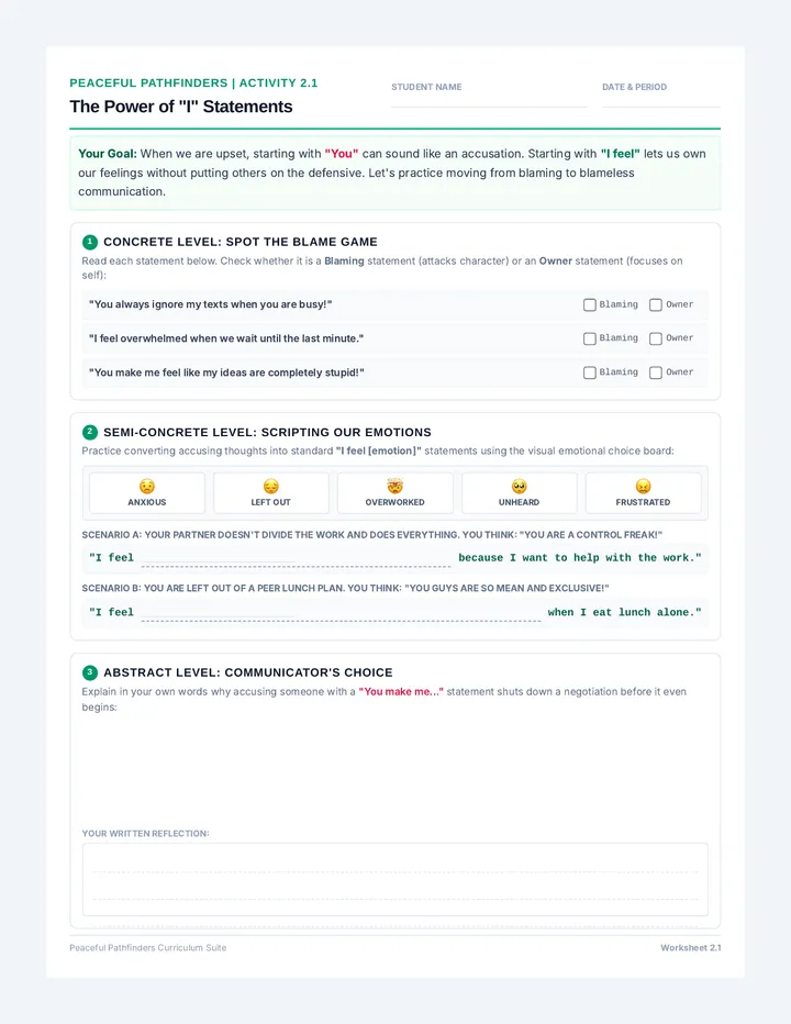 I Statements Worksheet I
