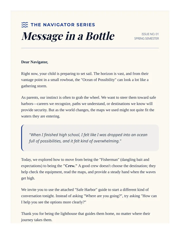 Message in a Bottle Parent Letter