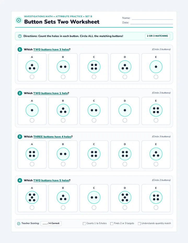 Button Sets Two Worksheet