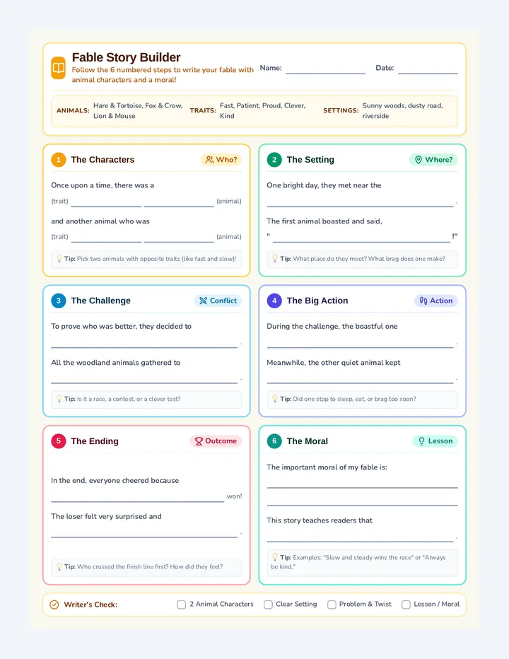 Fable Frames Writing Worksheet