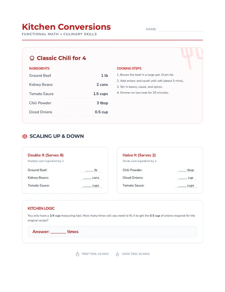 Kitchen Conversions Worksheet