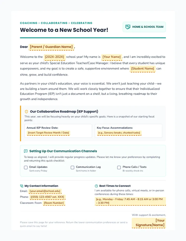 SpEd Welcome Letter Template