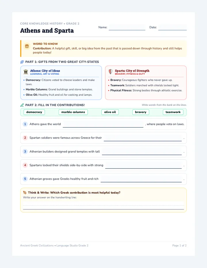 Athens and Sparta Worksheet