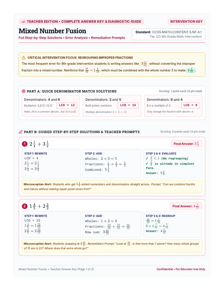 Mixed Number Fusion Answer Key