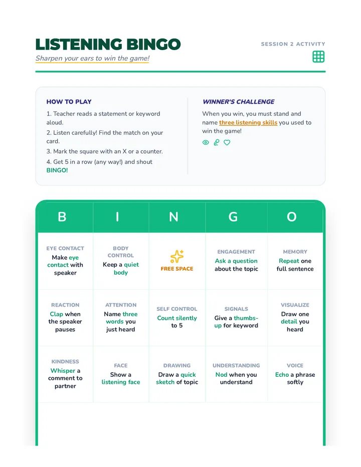 Listening Bingo Cards