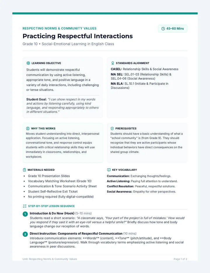 Practicing Respectful Interactions Teacher Guide