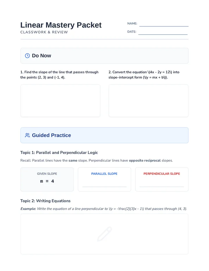 Linear Mastery Classwork Packet