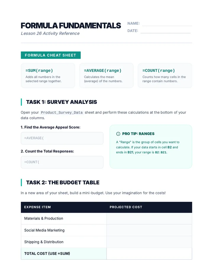 Formula Practice Worksheet