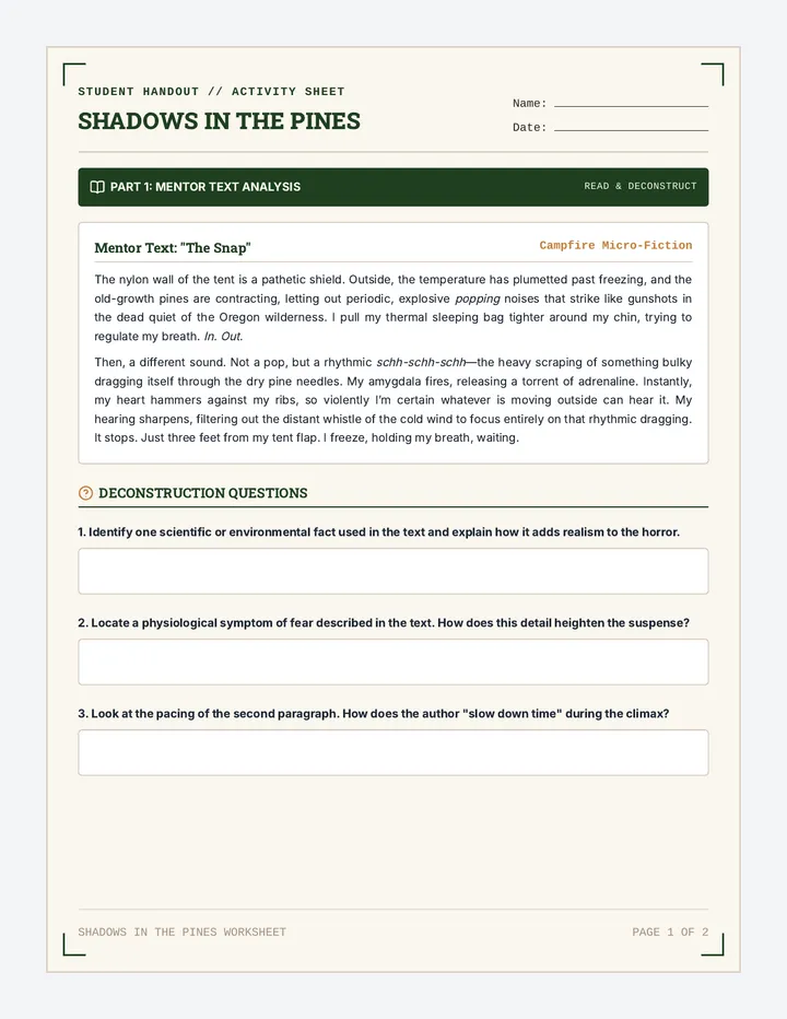 Shadows Pines Worksheet