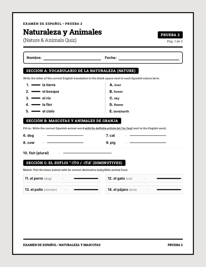 Spanish Nature Animals Quiz