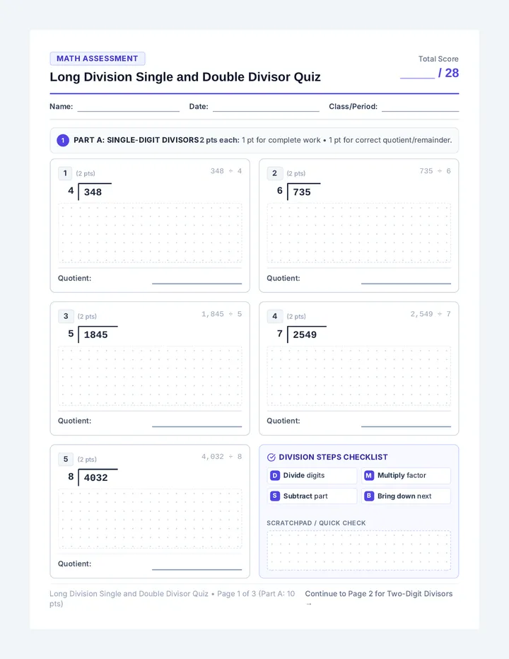 Long Division Single and Double Divisor Quiz