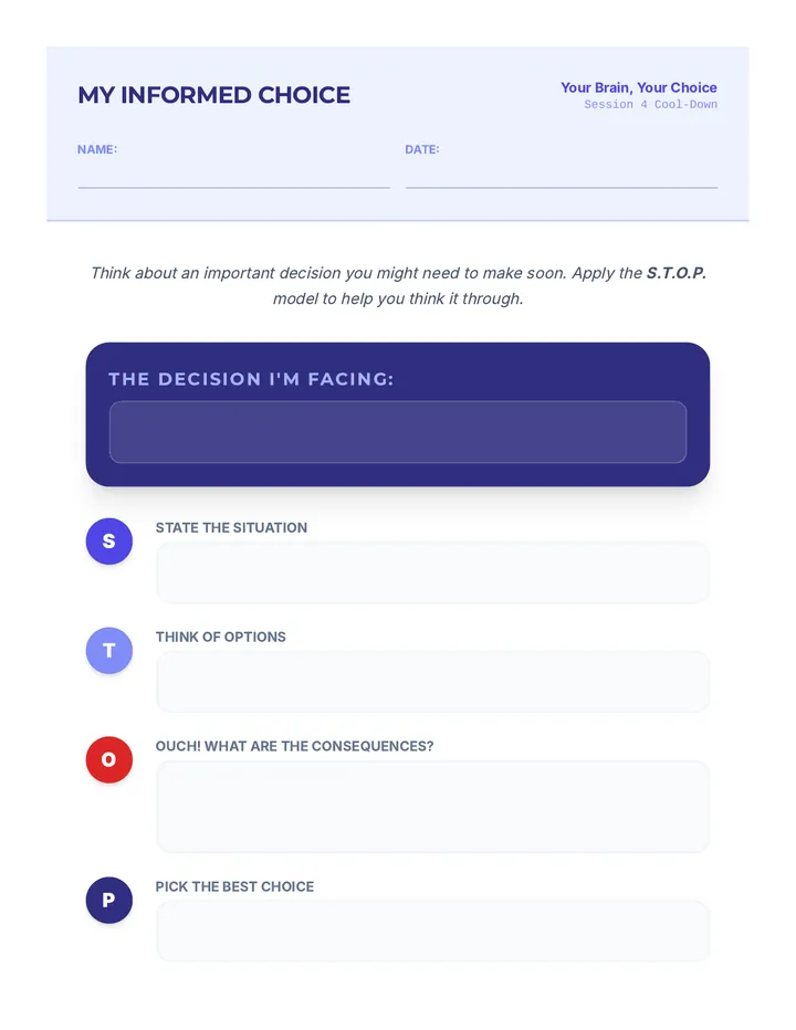 My Informed Choice Cool-Down Worksheet