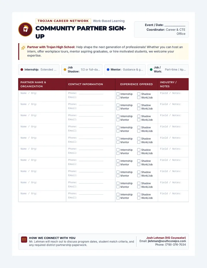 Community Partners Sign Up Sheet