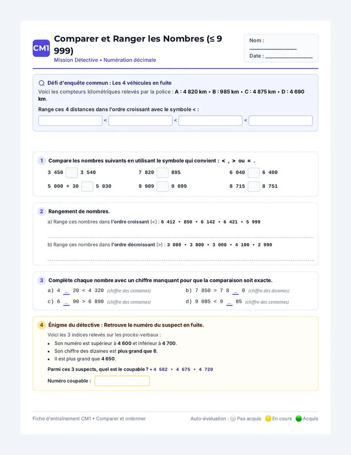 Comparer Nombres Fiche CM1