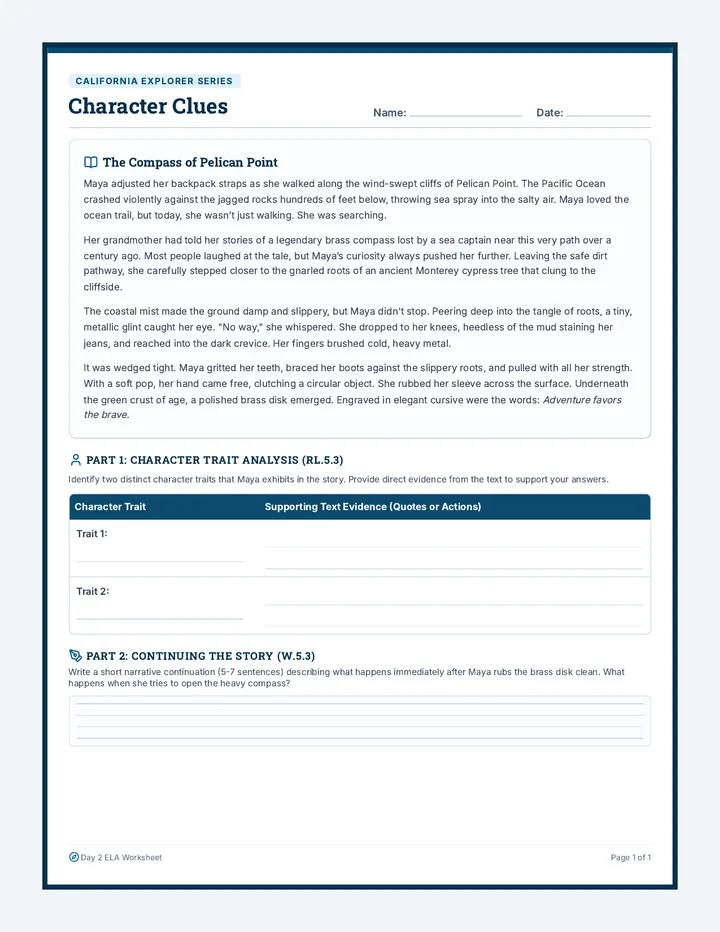 Character Clues Reading Worksheet
