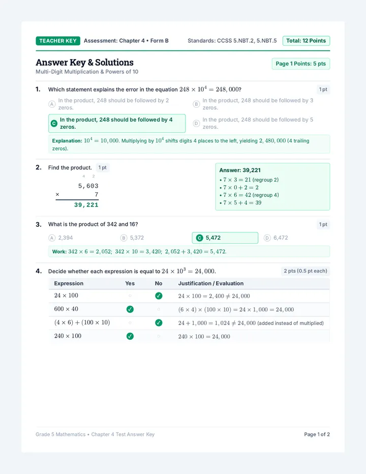 Multiplication Mastery Answer Key
