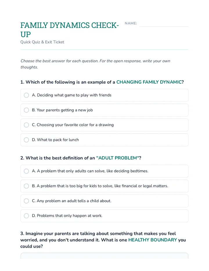 Family Dynamics Quiz Worksheet