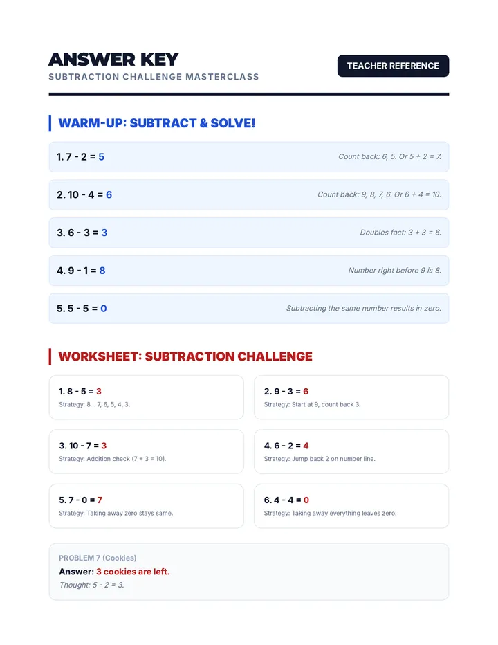 Subtraction Challenge Answer Key