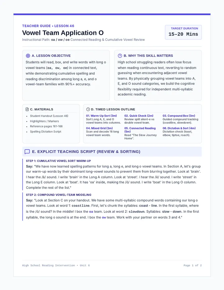 Vowel Team Application O Teacher Guide