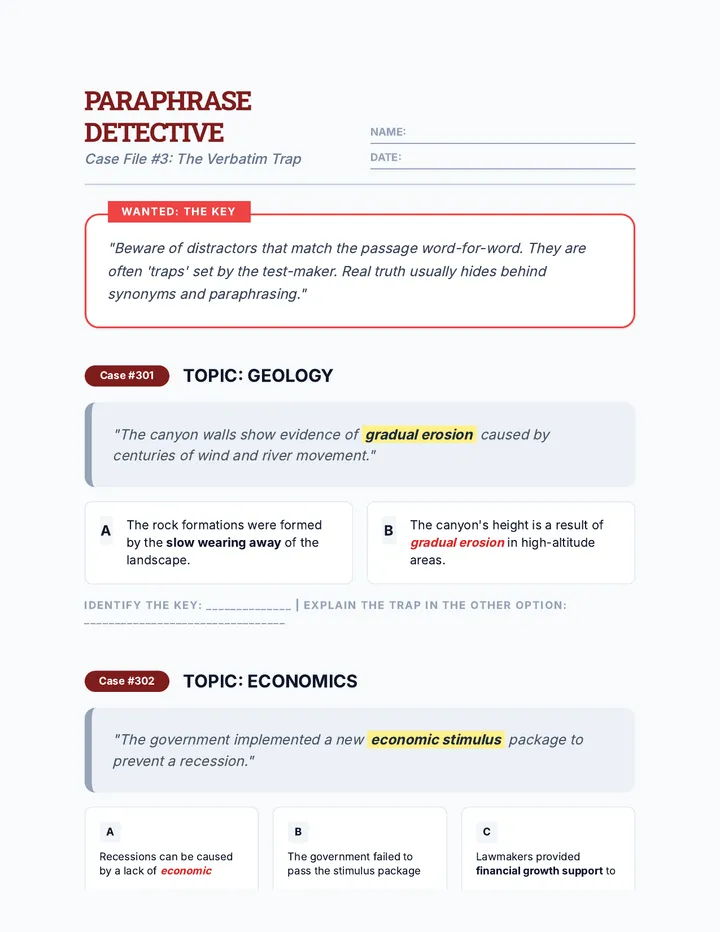 Verbatim Trap Worksheet