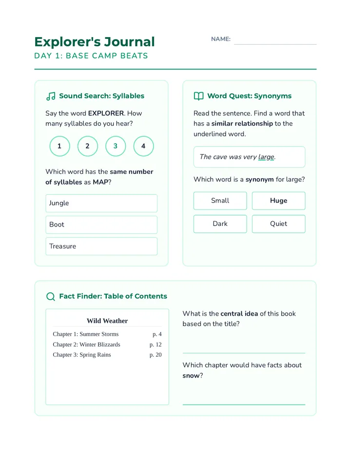 Week 1 Spiral Pack Aligned Worksheet
