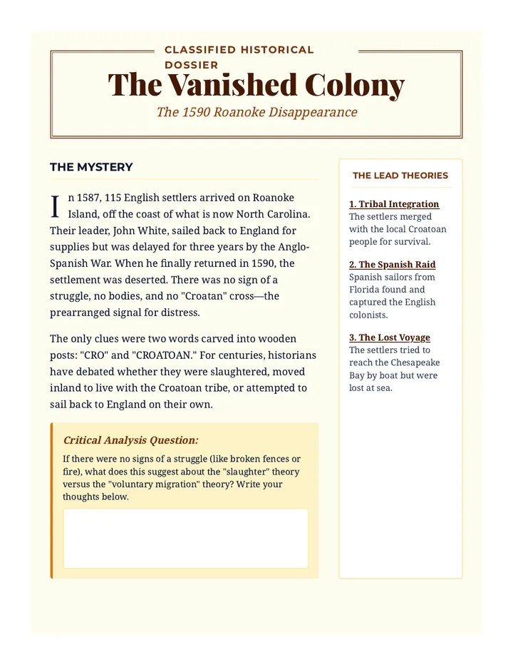 Roanoke Riddles Worksheet
