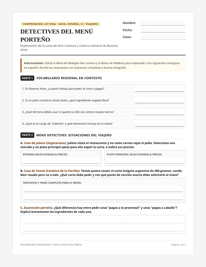 Menu Sleuths Worksheet