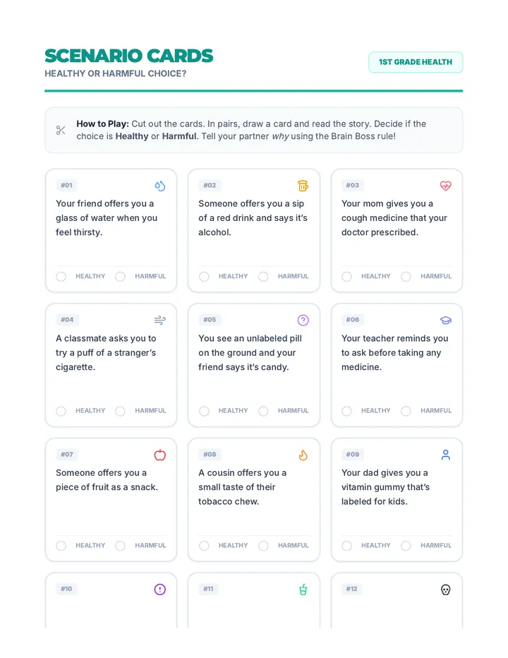 Scenario Cards Healthy or Harmful Choice Activity