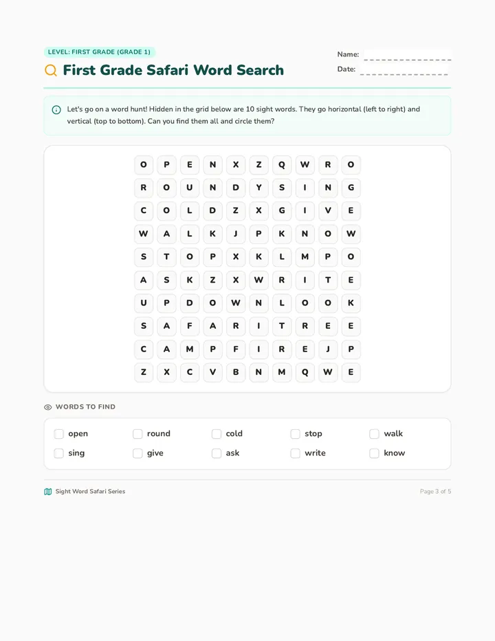 First Grade Safari Word Search