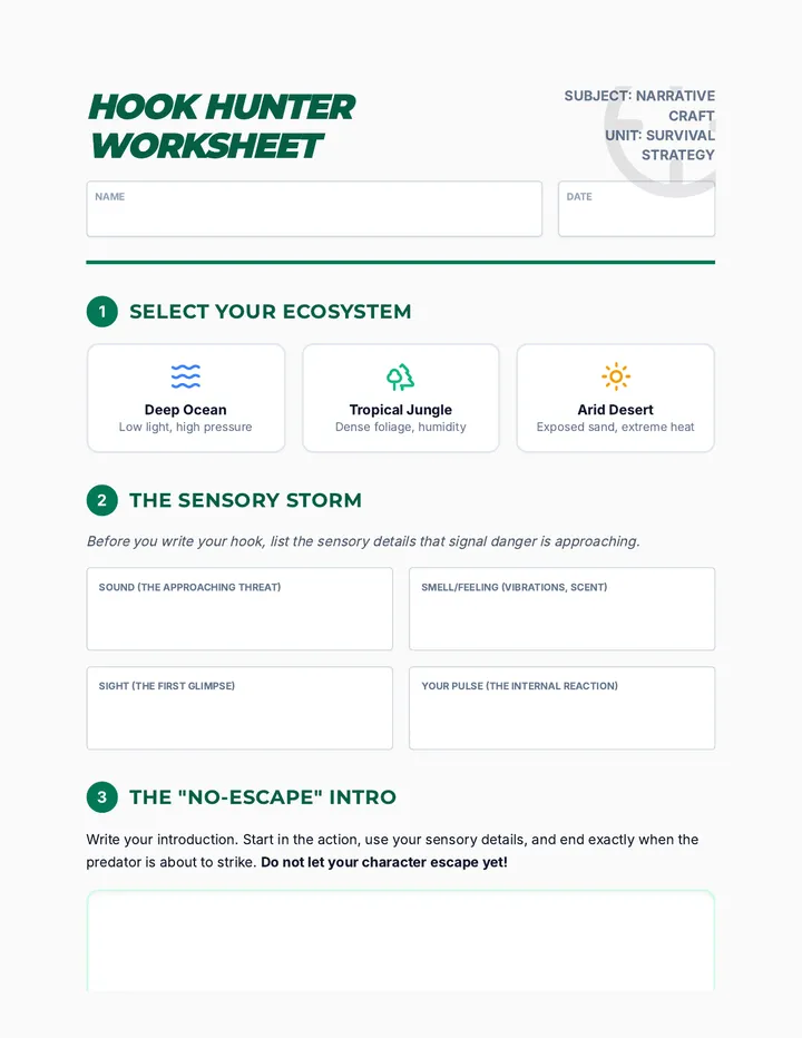 Hook Hunter Worksheet