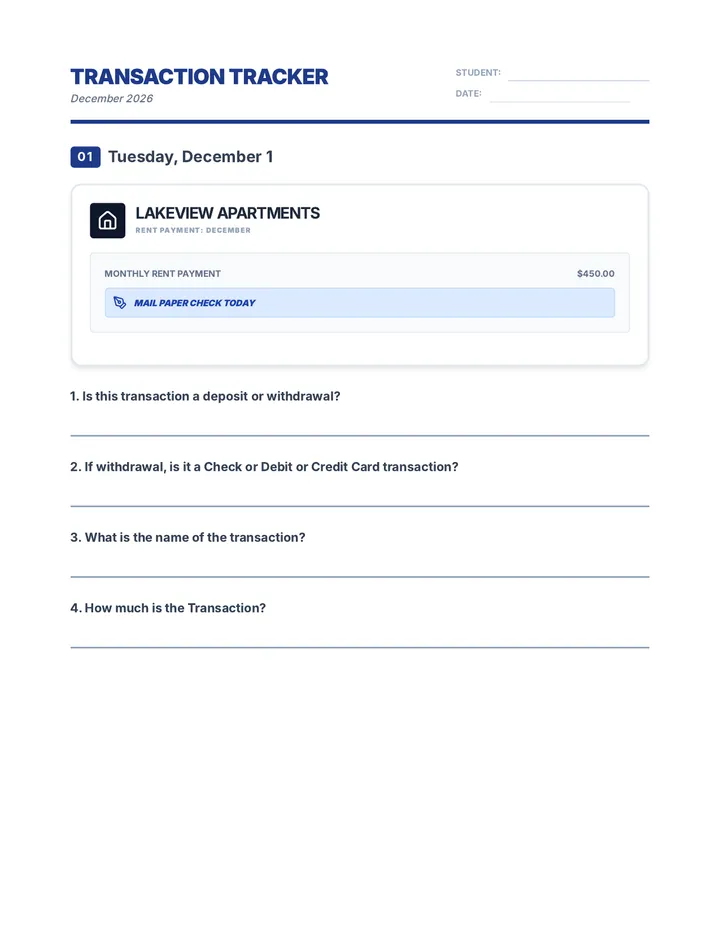 December Transaction Tracker Worksheet Complete