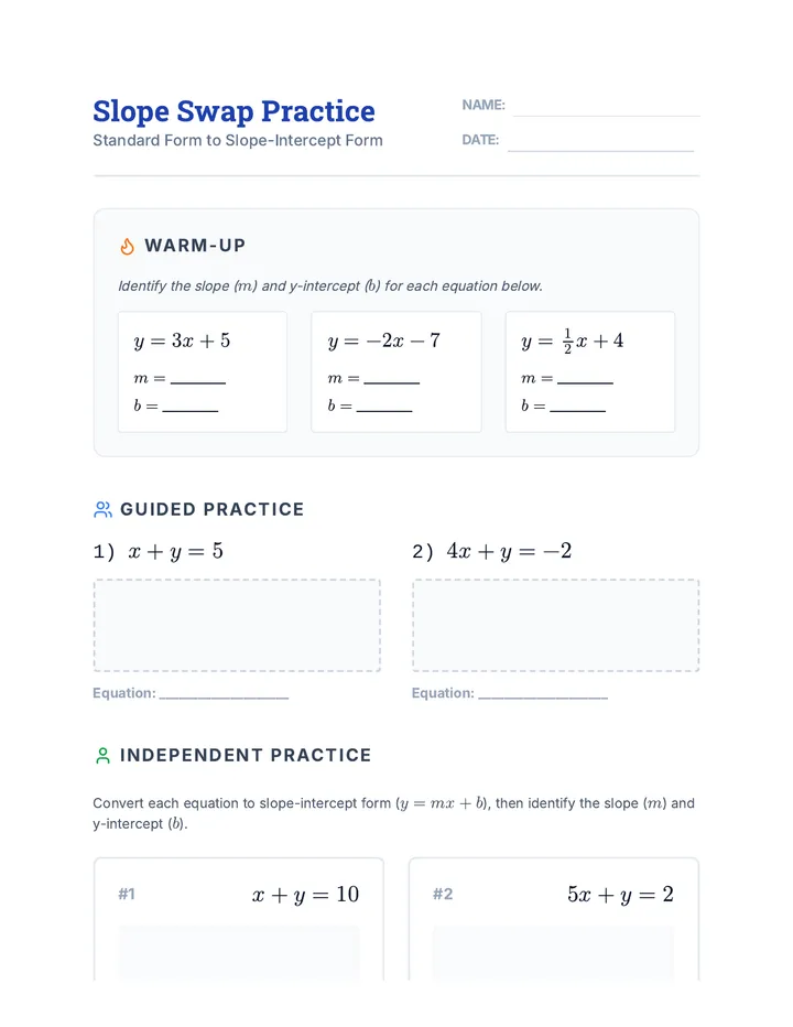 Standard to Slope Worksheet