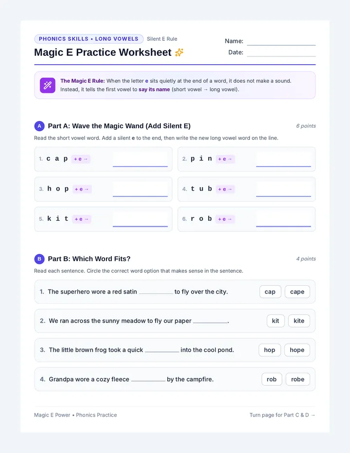Magic E Practice Worksheet
