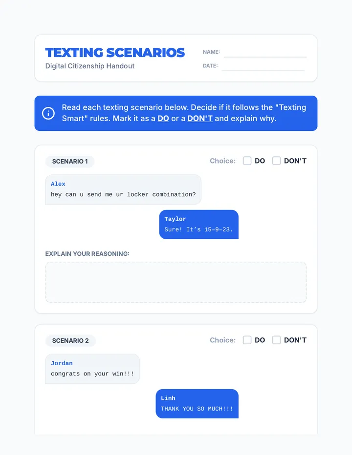 Texting Scenarios Worksheet