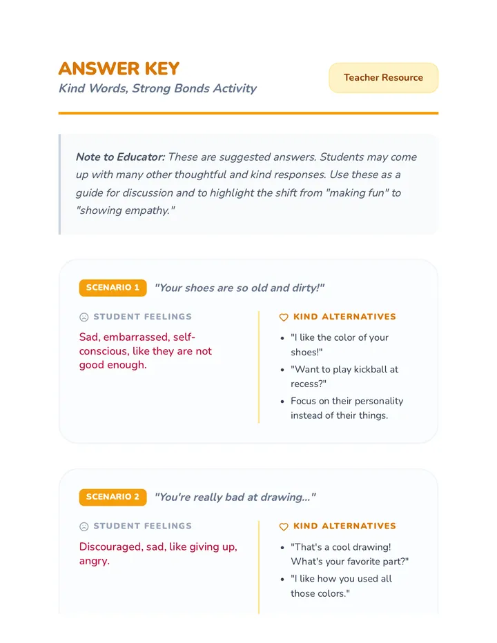 Kind Words Activity Answer Key