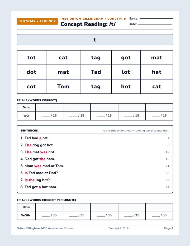 Tuesday Fluency Sheet