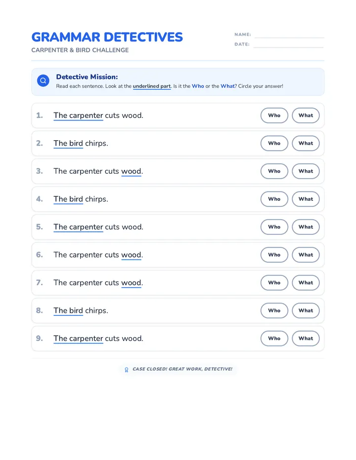 Carpenter and Bird Worksheet Shuffled