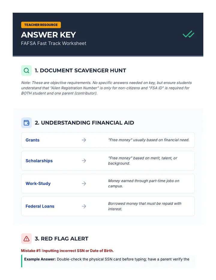 FAFSA Worksheet Answer Key