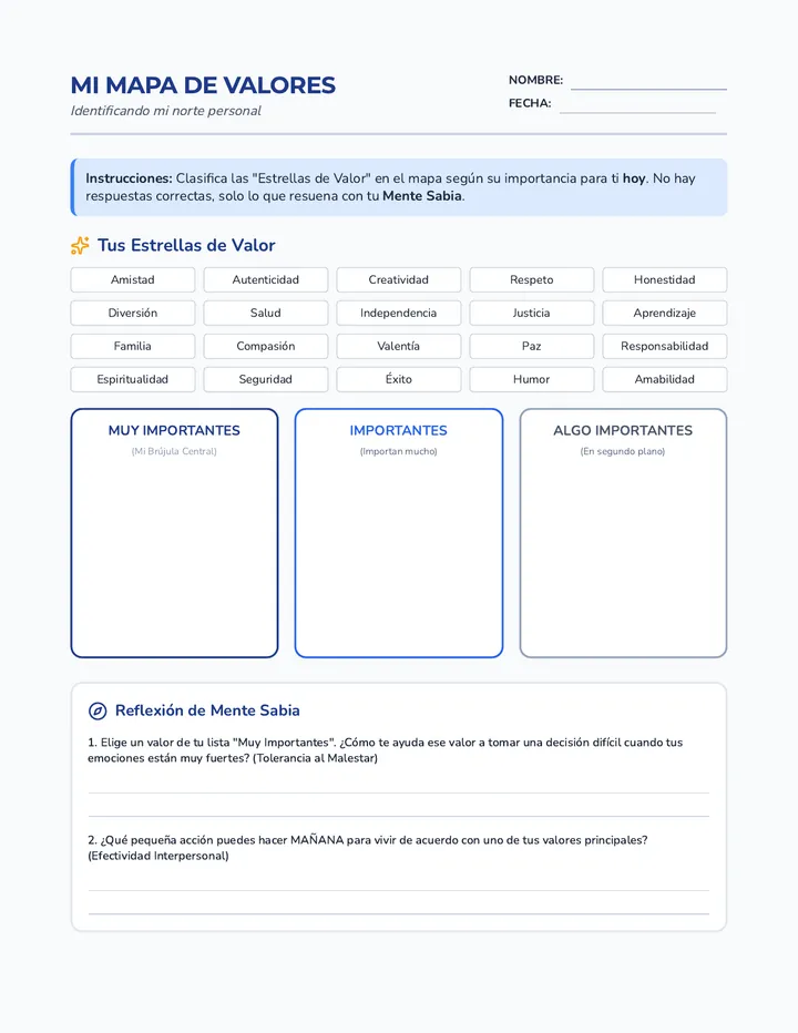 Mi Mapa de Valores Worksheet