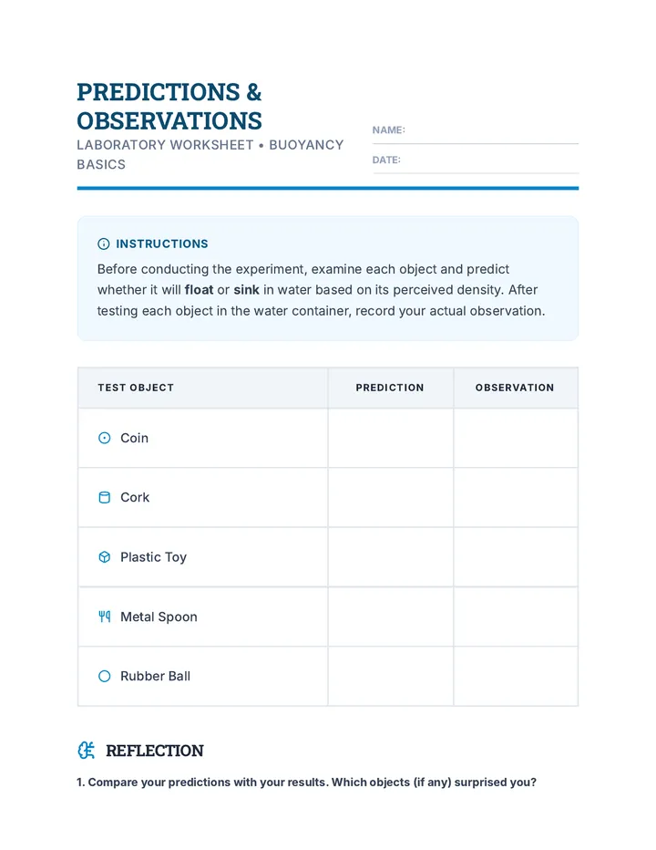 Predictions and Observations Worksheet